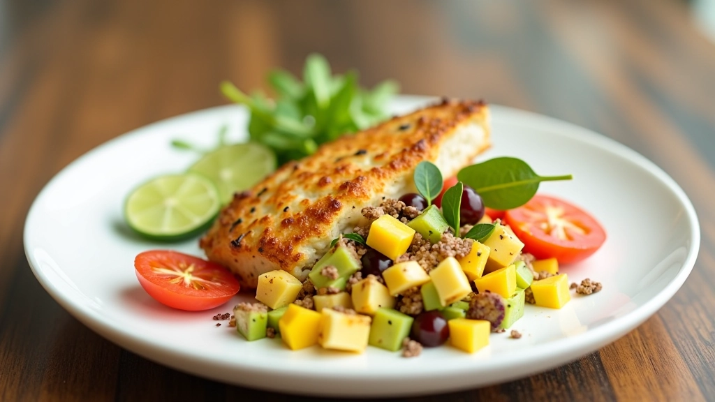 Prato finalizado com apresentação profissional: salada fresca, proteína bem cozida, acompanhamentos coloridos em prato branco limpo com iluminação natural