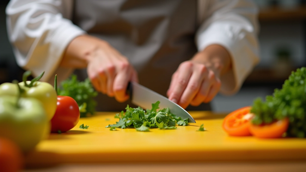 Mãos de cozinheiro cortando vegetais com faca em tábua de cortar, demonstrando técnicas de preparação de alimentos em ambiente de cozinha profissional