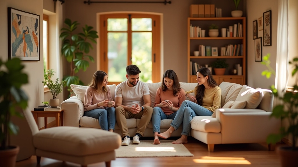 Sala de estar aconchegante com sofá, estante de livros e família relaxando
