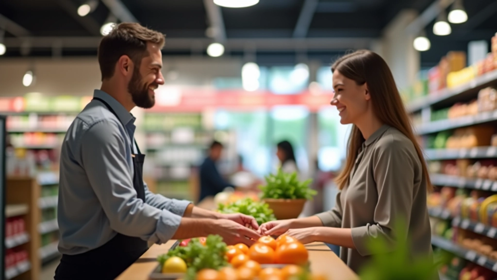 Cliente conversando com atendente no caixa do supermercado, ambos sorrindo, compras na cesta