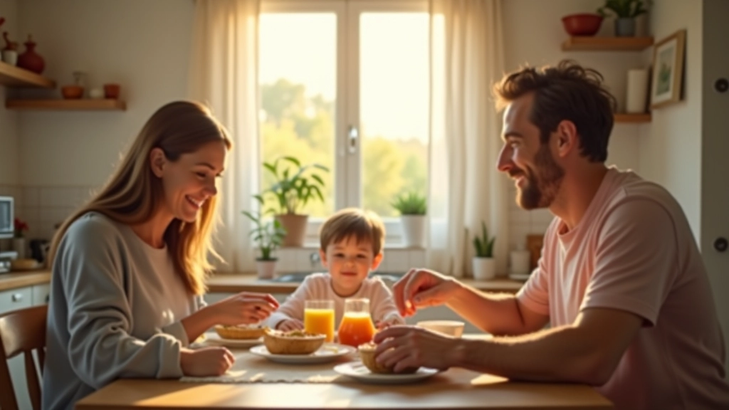 Família tomando café da manhã juntos na cozinha, conversando e rindo