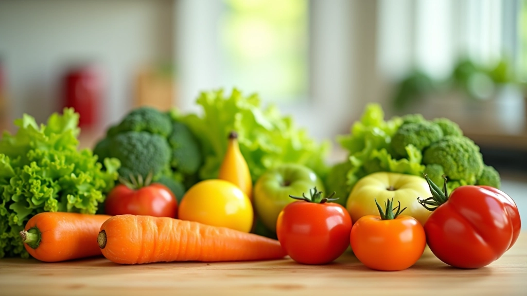 Bancada de cozinha com variedade de frutas e vegetais frescos, maçã, cenoura, brócolis, alface, banana e tomate bem dispostos