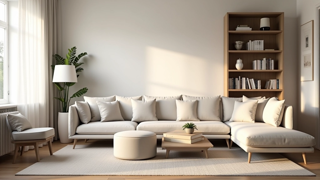 Variedade de móveis domésticos: sofá, poltrona, mesa lateral, estante de livros, cômoda e outros objetos decorativos