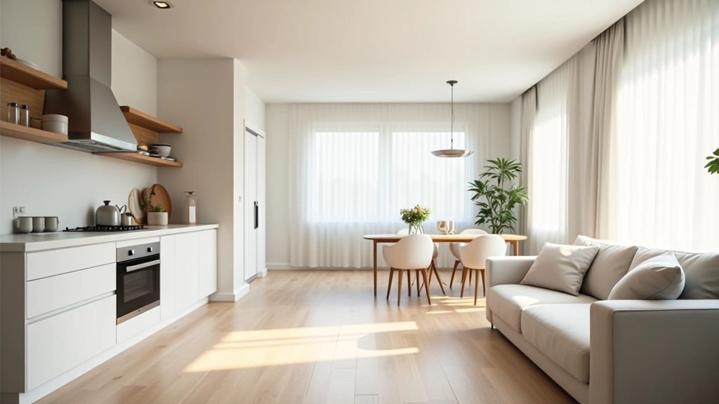 Diferentes cômodos de uma casa moderna: cozinha luminosa, quarto aconchegante, sala de estar com móveis confortáveis