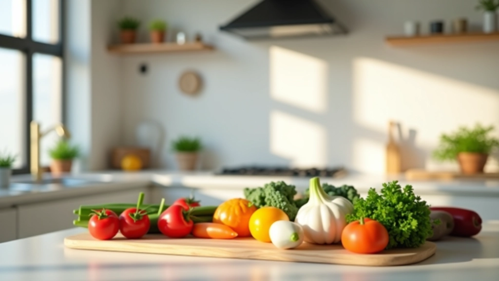 Cozinha moderna com alimentos frescos, utensílios de cozinha e ingredientes sobre a bancada