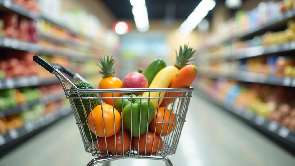 Cesto de compras cheio de alimentos no supermercado, prateleiras com produtos ao fundo