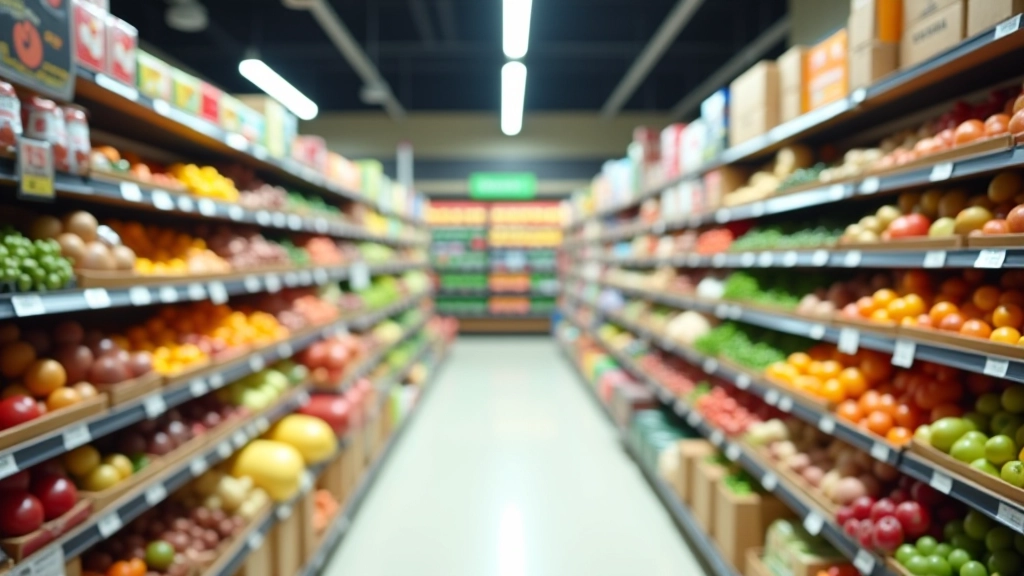 Prateleiras de supermercado organizadas com produtos de diferentes categorias, alimentos frescos e embalados