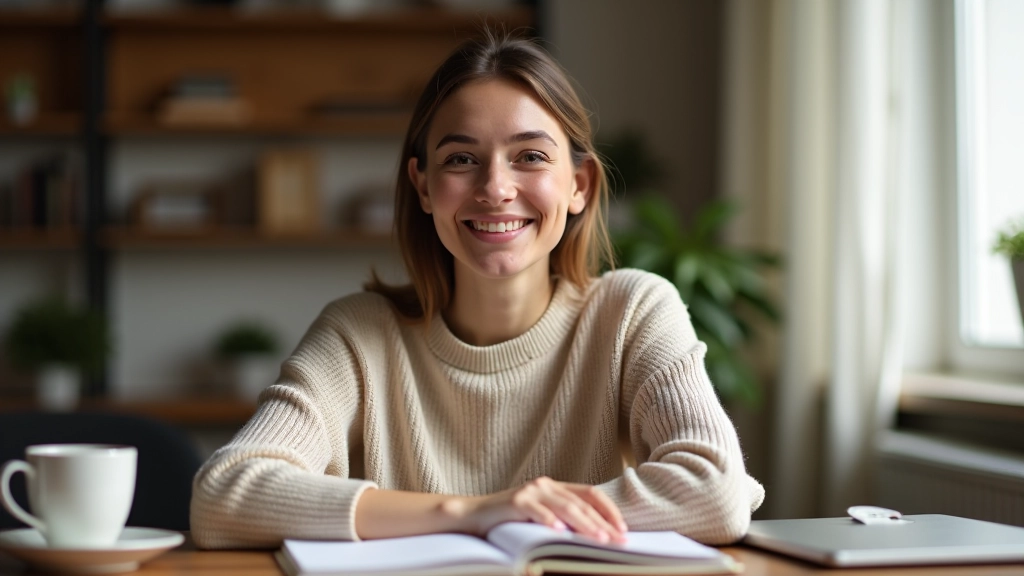 Pessoa estudando inglês em casa com caderno e xícara de café, ambiente acolhedor e inspirador