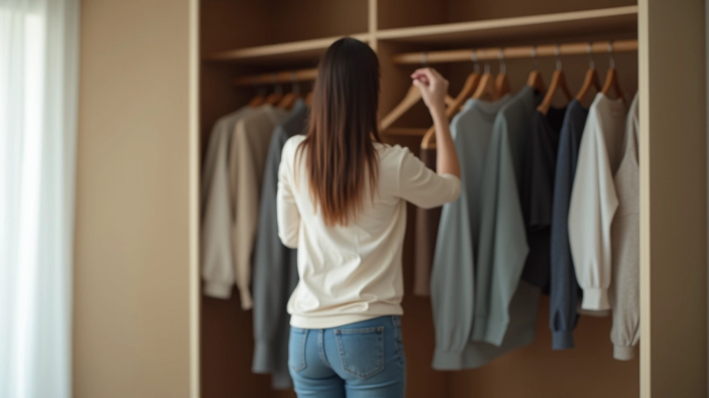 Pessoa escolhendo roupas do guarda-roupa, várias opções de vestuário penduradas