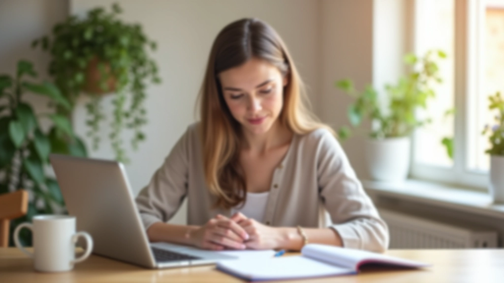 Pessoa estudando inglês com notebook e anotações em mesa, café próximo